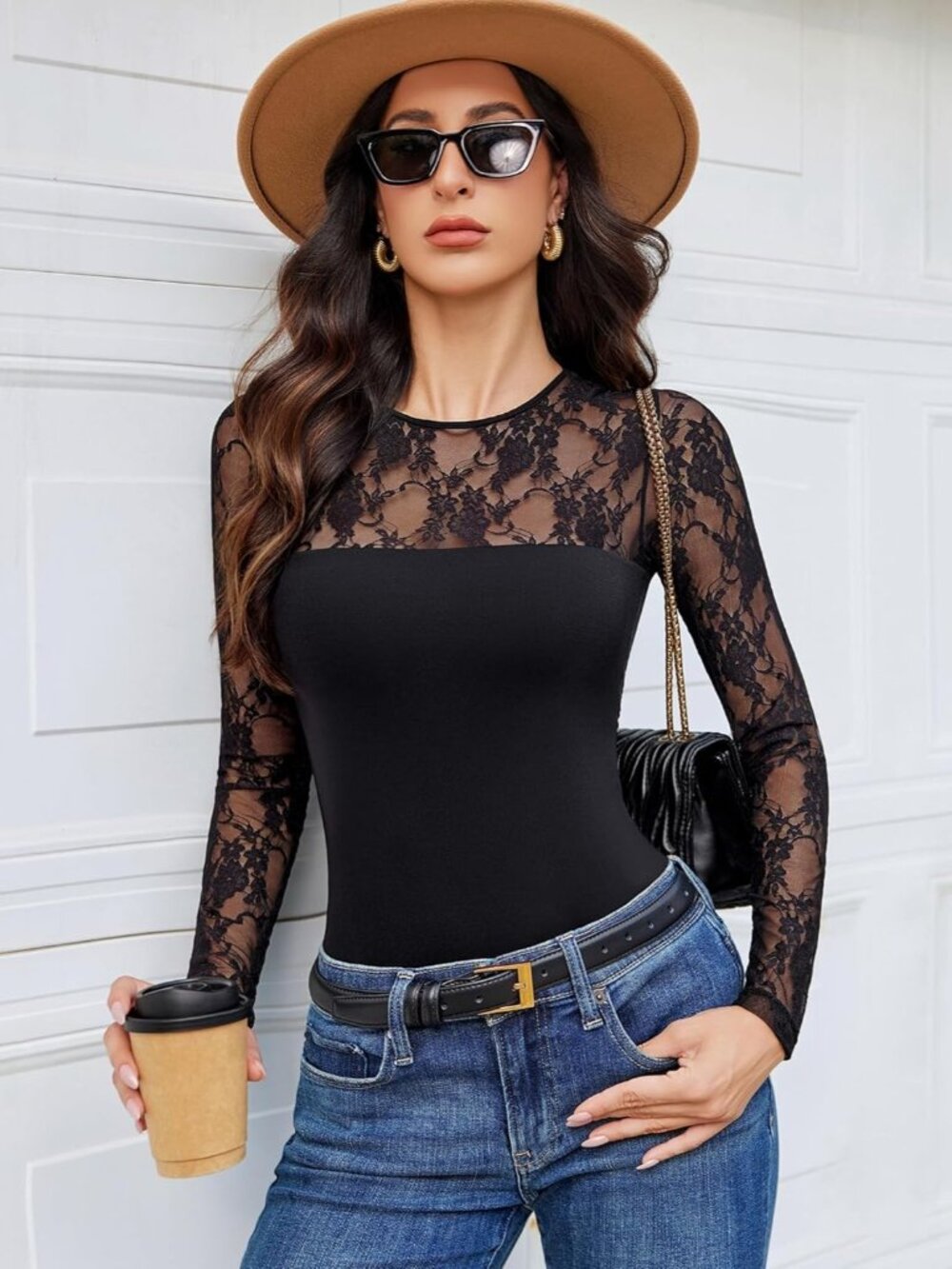 〽️ Women's Long Sleeve Lace Crew Neck Slimming Outfits Concert Bodysuit Tops - Picture 4 of 6